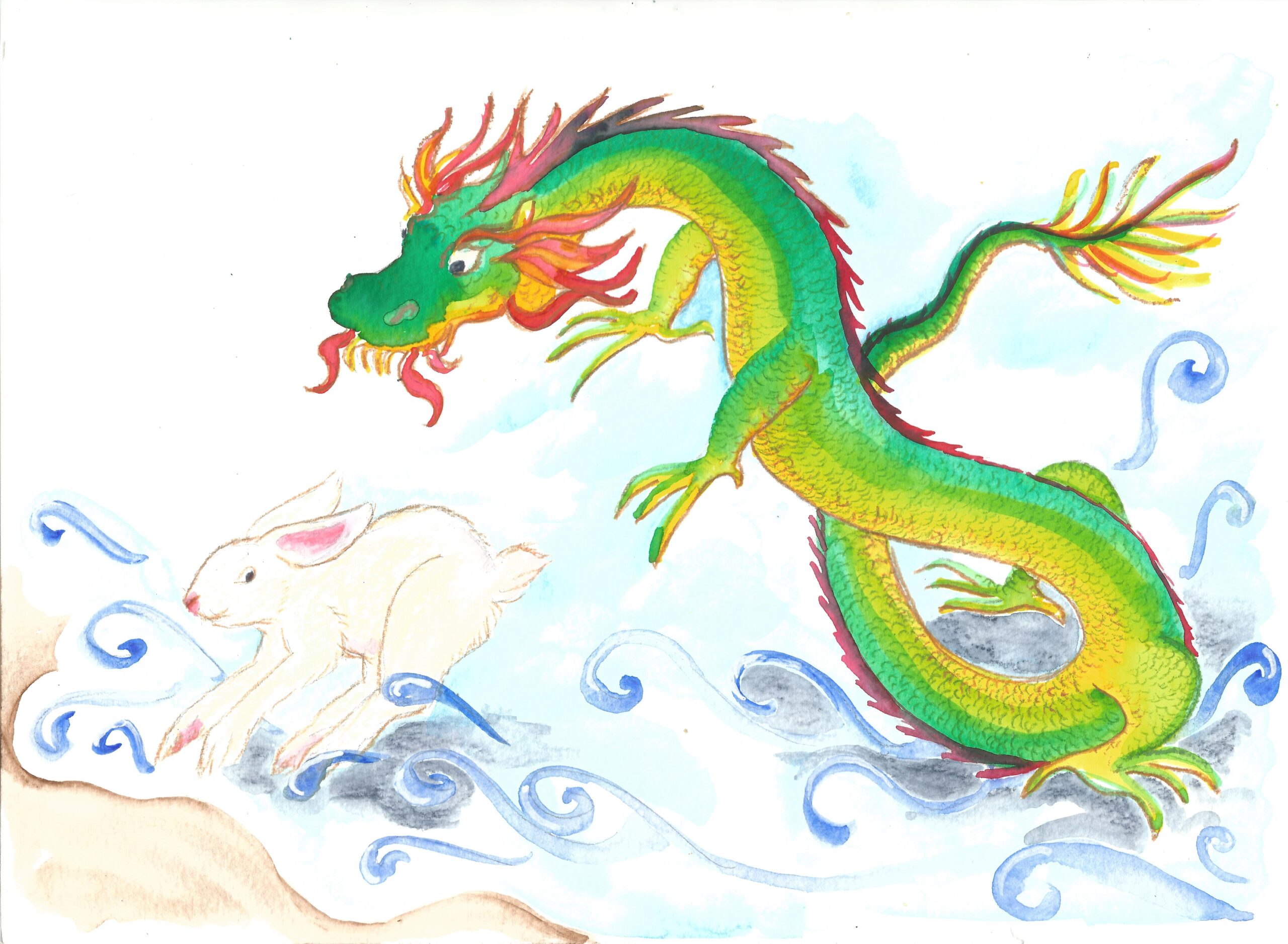 A watercolour illustration of a boat viewed from above that is sailing over a water dragon